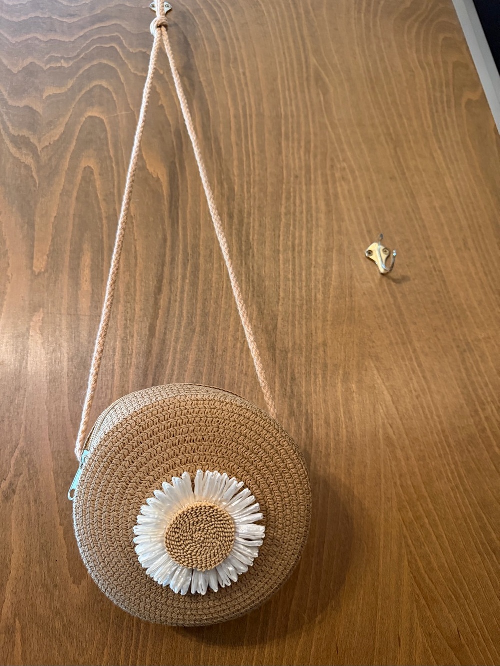 Retro Round Straw Crossbody Bag with White Daisy